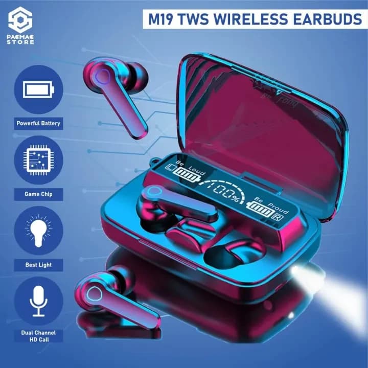 M19 TWS Wireless Bluetooth Earbuds Digital Display,Flash Light and Touch Control - Black Colour